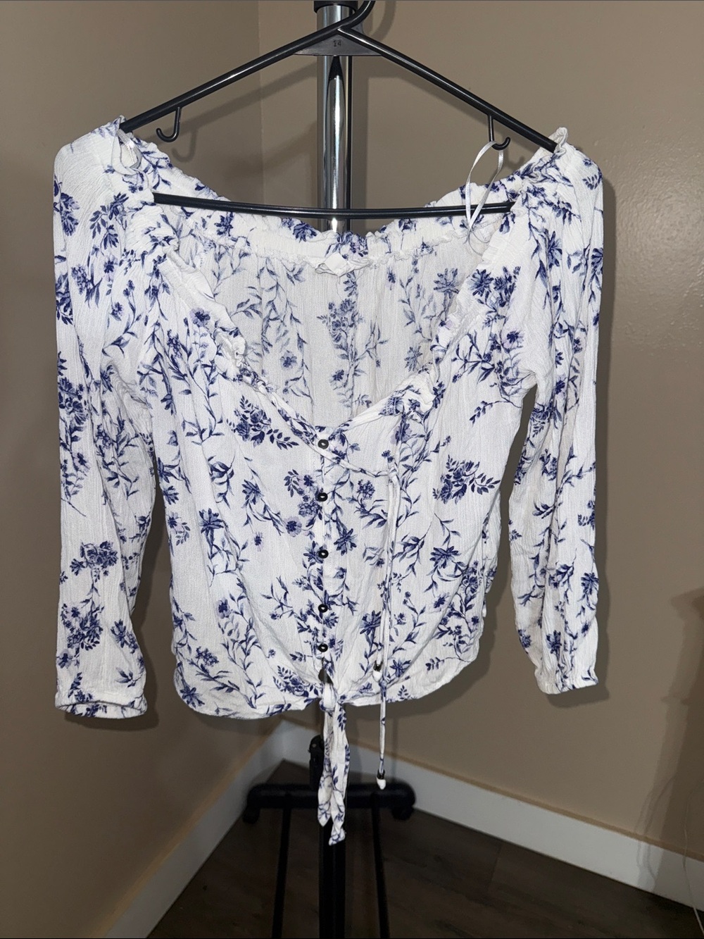 Hippie Rose White Blouse with Blue Floral Print and Front Tie